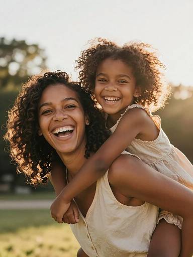 Joyful Mother and Daughter Piggyback Outdoors