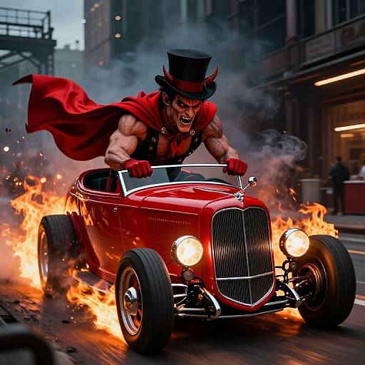 Photorealistic digital art of a muscular, topless man with devil horns, red cape, and top hat, driving a burning red vintage car through