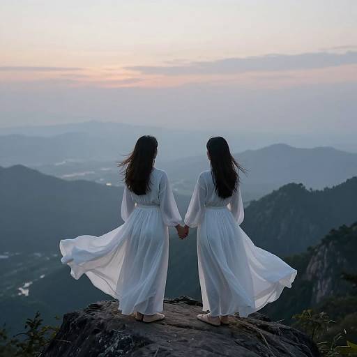 Photograph of two women with long dark hair, in flowing white dresses, holding hands, standing on a mountain peak at sunset, overlooking misty valleys