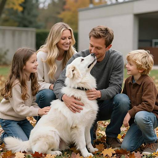 Family Enjoying Time with White Dog Outdoors