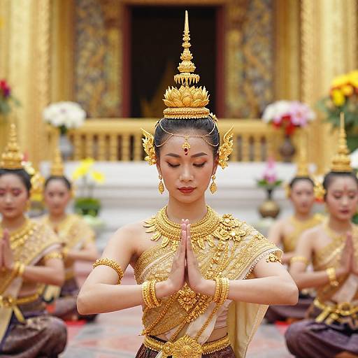 Photograph of an Asian woman in traditional golden Thai dance attire, performing a prayer pose in front of a temple, surrounded by similarly dressed dancers.
