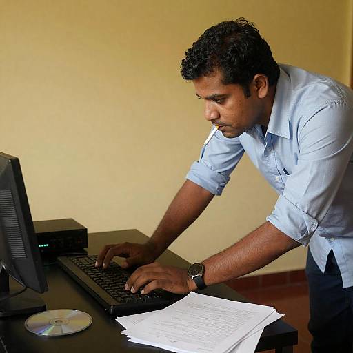 Focused Man at Black Table Workspace