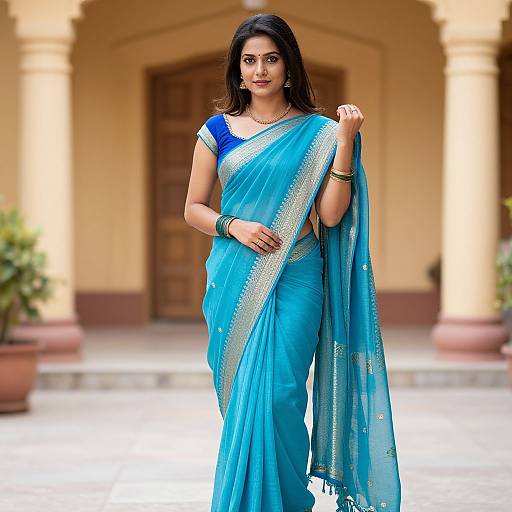 Photograph of a beautiful Indian woman with long dark hair, wearing a blue and silver saree, blue blouse, gold jewelry, standing in front of
