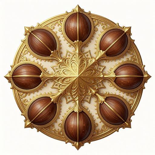 Ornate, circular, golden shield with eight dark wood-like oval medallions, intricately detailed with floral patterns, set against a white background