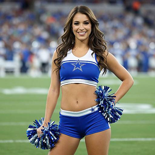 Photograph of a smiling, brown-haired cheerleader with blue and white outfit, holding blue pom-poms, standing on a football field.