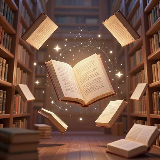 Photograph of glowing, floating books with magical sparkles in a dimly lit, wooden library aisle lined with bookshelves.