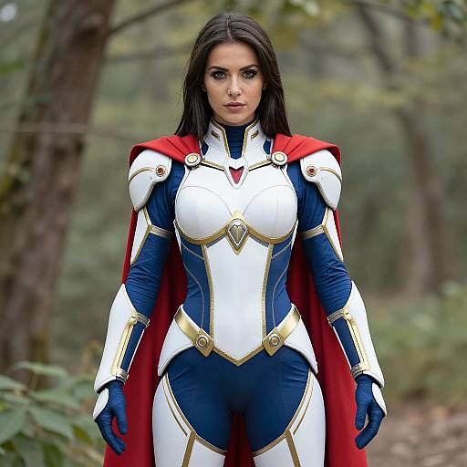 Photorealistic image of a dark-haired woman in a white, blue, and gold superhero suit with a red cape, standing in a forest.
