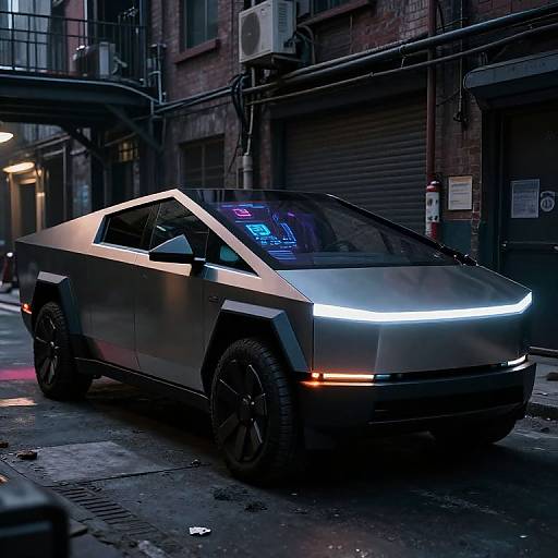 Photograph of a futuristic, silver, angular, high-tech car with glowing white headlights parked on a dimly lit, urban street at night. Brick