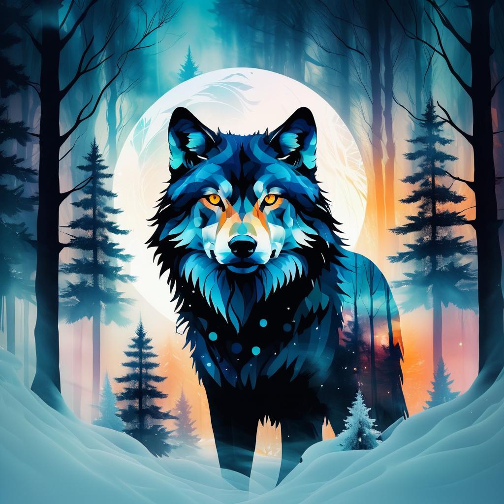 Mystical Wolf in Dreamlike Double Exposure