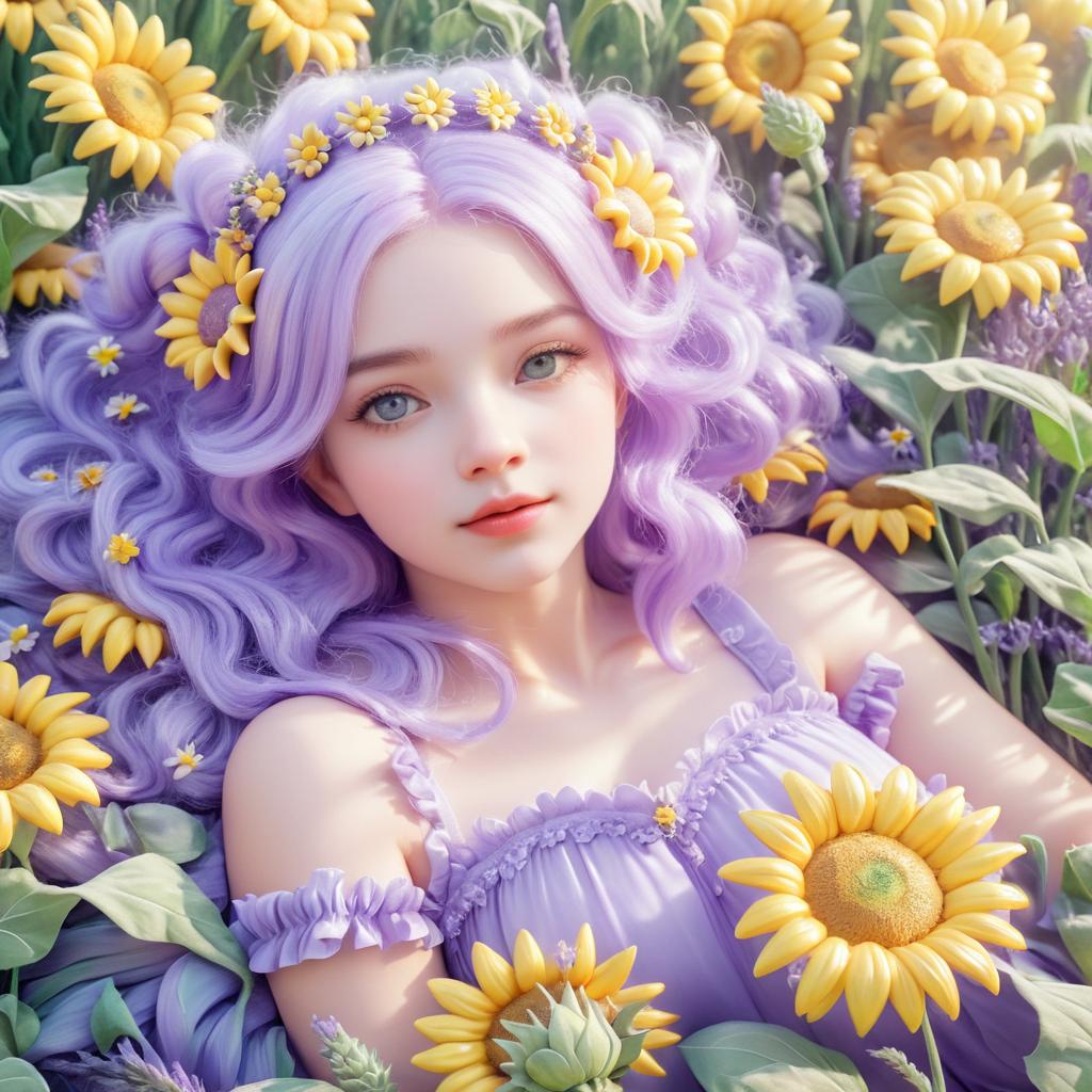 Lavender-Haired Fairy in Sunflower Garden