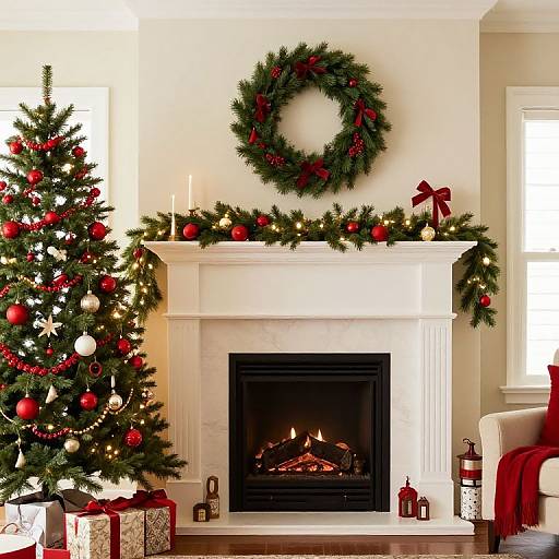 Christmas living room photograph: decorated white fireplace with garland, red ornaments, candle, wreath above, lit fire, tree with red and white ba