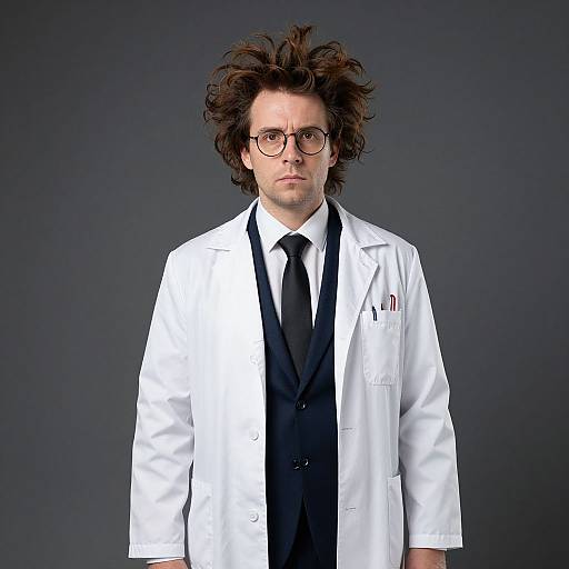 Photograph of a serious, curly-haired man with glasses, wearing a white lab coat, black suit, and tie, against a dark gray background.