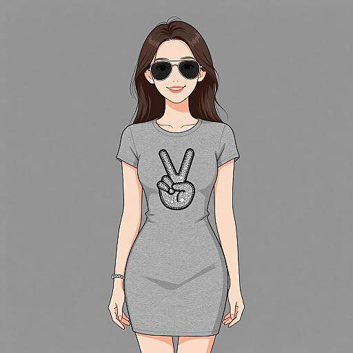 Digital illustration of a woman with long dark hair, wearing sunglasses, a gray T-shirt dress with a peace sign graphic, and a silver bracelet, standing