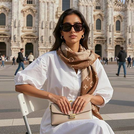 Elegant Woman Seated Outdoors by Cathedral