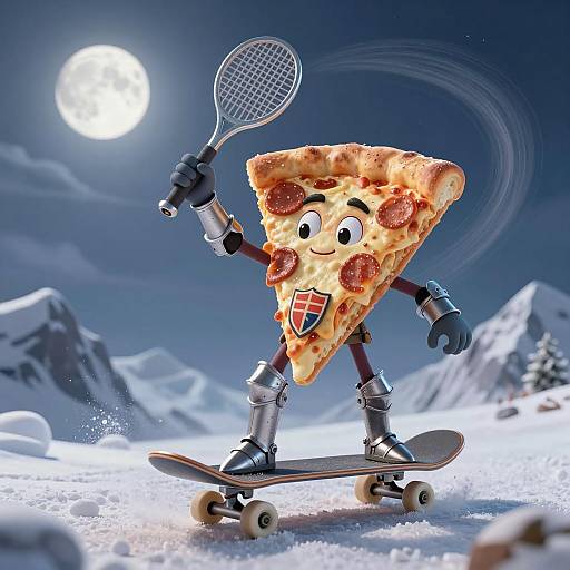 Anthropomorphic Pizza Knight Skateboarding at Night