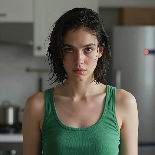 Young Woman in Green Tank Top with Intense Expression
