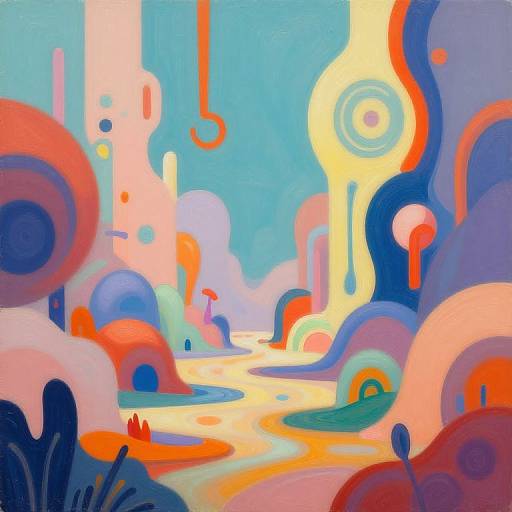 Vibrant abstract painting featuring colorful, curved shapes and geometric forms in blue, orange, pink, and yellow, with a glowing pathway through the center