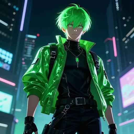 Digital anime artwork of a green-haired person with glowing green eyes, wearing a neon green jacket, black shirt, and gloves, standing in a futuristic,