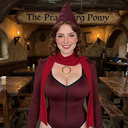 Photograph of a smiling woman with fair skin, brown wavy hair, wearing a maroon witch hat, red scarf, and revealing maroon bod