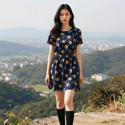 Woman in Navy Blue Floral Dress at Scenic Overlook