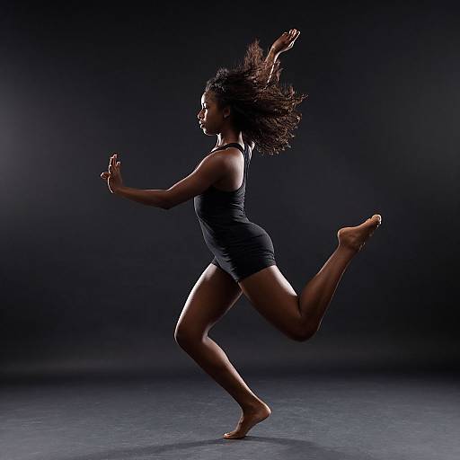 Photograph of a dark-skinned woman with curly hair, wearing a black tank top and shorts, mid-dance, against a dark, gradient background