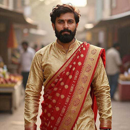 Photograph of a bearded Indian man with dark hair, wearing a gold embroidered shirt and red sari, standing in a bustling marketplace.