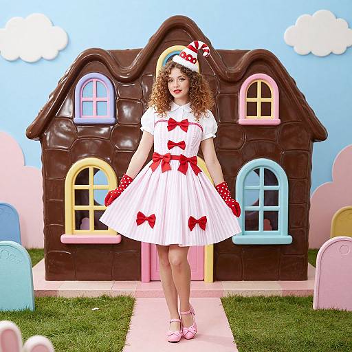 Photograph of curly-haired woman in white dress with red bows, red gloves, and pink shoes, standing in front of chocolate house with colorful windows,