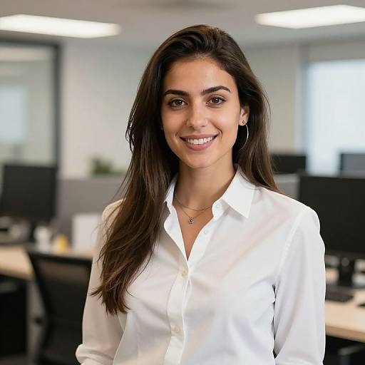Photograph of a smiling young woman with long dark brown hair, wearing a white button-up shirt and small hoop earrings, standing in a modern, brightly