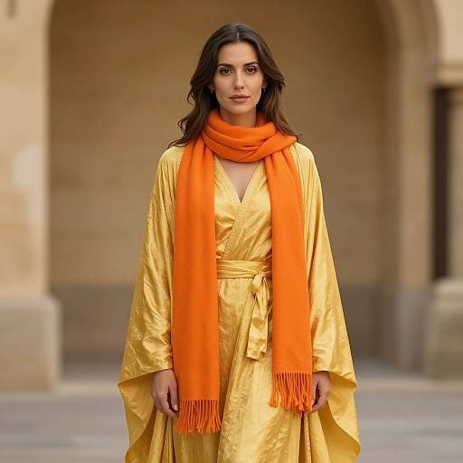 Photograph of a woman with long brown hair, wearing a shiny yellow traditional dress and vibrant orange scarf, standing against a blurred stone archway background.