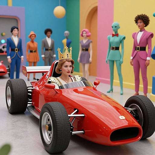Photorealistic CGI: Red race car with a crowned blonde woman in white dress, colorful background, diverse people in suits and dresses.