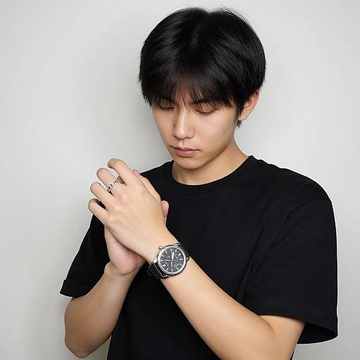 Photograph of an Asian male with short black hair, wearing a black t-shirt, adjusting rings while looking down. He has a black wristwatch on