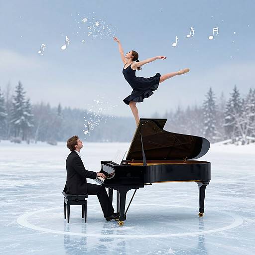 Photograph of a ballerina in black leotard and skirt, elegantly leaping on a grand piano, with a pianist in a