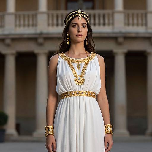 Photograph of a dark-haired woman in a white, gold-embellished ancient Greek-style dress, wearing gold jewelry and headpiece, standing in