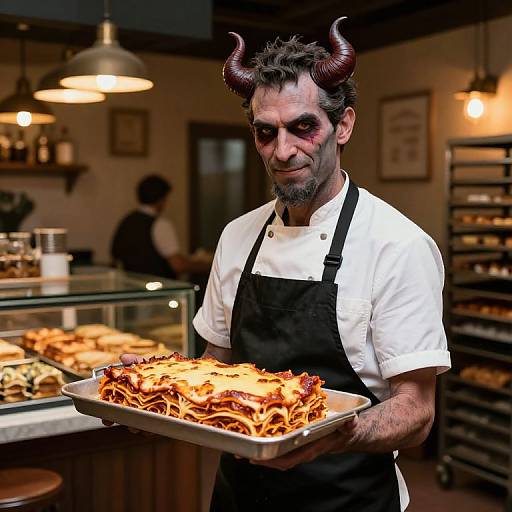 Photograph of a grizzled, horned chef with dark makeup, wearing a white shirt and black apron, holding a tray of lasagna