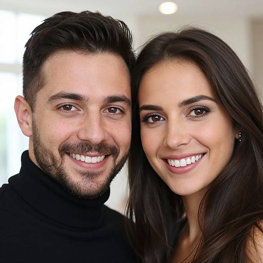 Photograph of a smiling couple with light skin tones; man has dark hair and beard, woman has long dark hair, both wearing black clothing, bright
