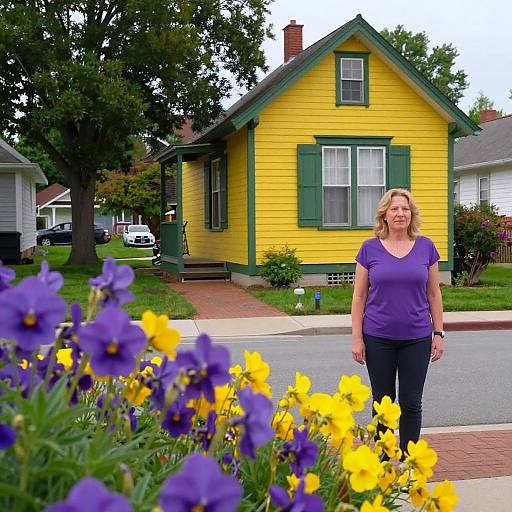 Photograph of a smiling blonde woman in a purple shirt standing on a suburban street in front of a yellow, green-trimmed house with vibrant purple