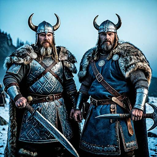 Two Viking Warriors in Fur-lined Armor at Dawn