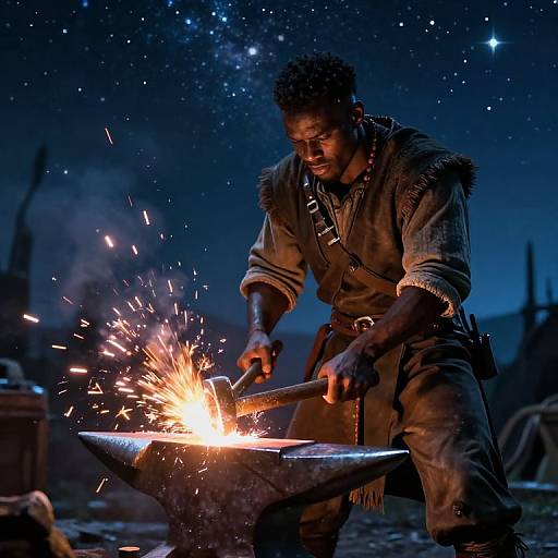 Photograph of a blacksmith at night, sparks flying from an anvil, wearing rugged, fur-trimmed clothing, under a star-filled sky