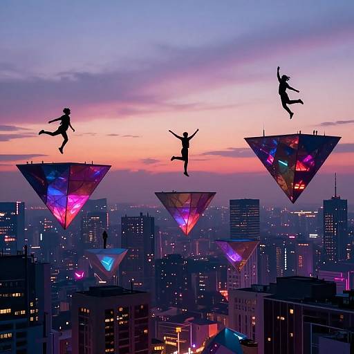 Silhouetted dancers leap from glowing, neon-triangle platforms over a cityscape at sunset, creating a vibrant, futuristic urban scene.