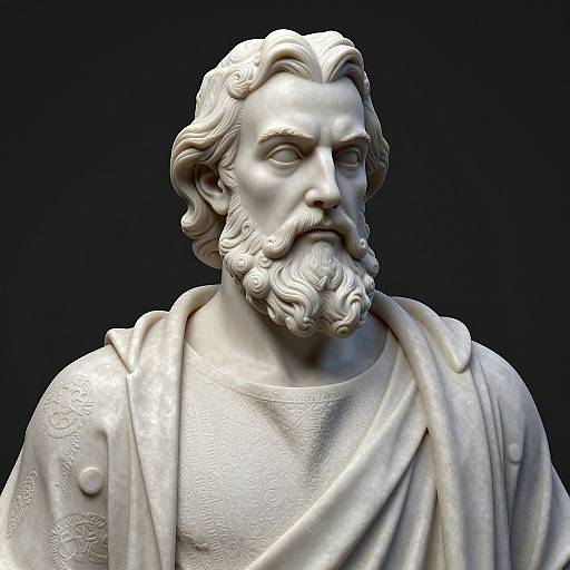 Photorealistic CGI of a white marble statue of a bearded, wavy-haired male figure in classical robes, gazing forward with a serious expression