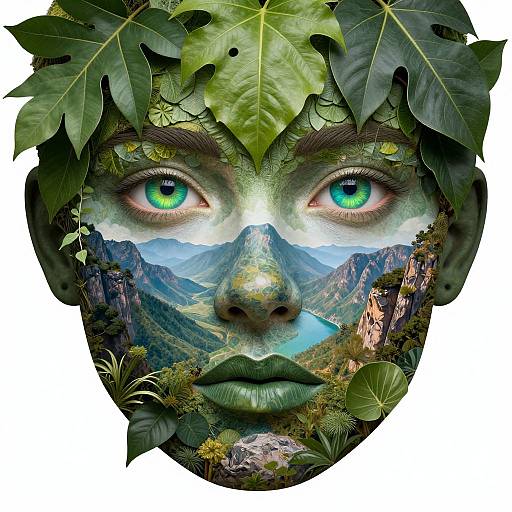 Digital art of a face merging human features with nature, including vibrant green eyes, surrounded by leaves and a mountain landscape.