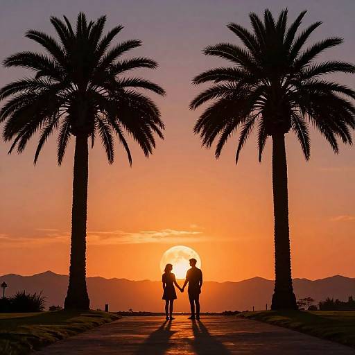 Silhouetted couple holding hands against a vibrant sunset, flanked by two palm trees, with mountains in the background. Photograph.