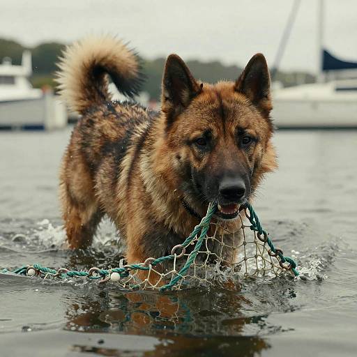 Keeshond Retrieving Nets in Harbor