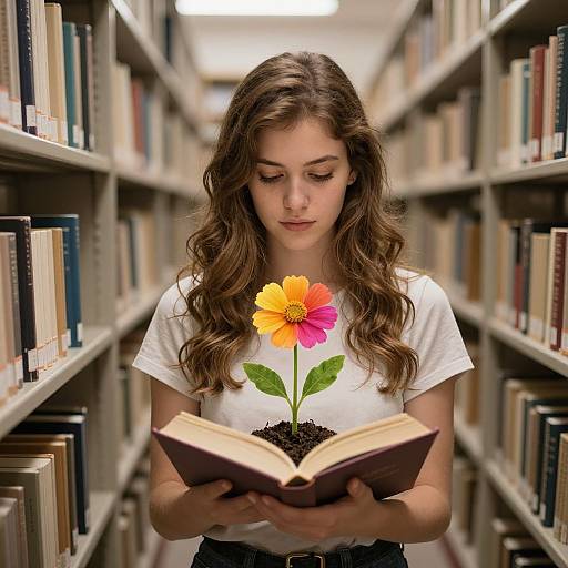 Young woman with wavy brown hair, wearing white shirt, reads book in library with vibrant flower sprouting from soil on shirt, surrounded by booksh