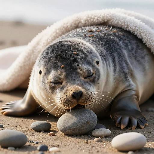 Photograph of a sleepy grey seal pup with closed eyes, lying on sandy beach, wrapped in a white towel, resting on smooth stones.