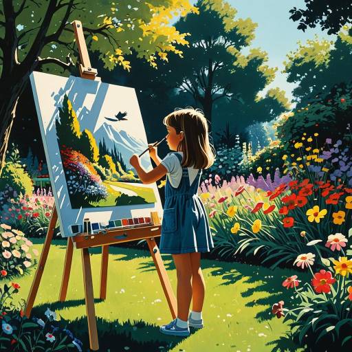 Young Girl Painting Outdoors in Sunlit Garden Young Girl Painting Outdoors in Sunlit Garden