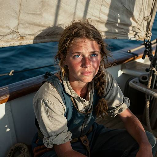 Photograph of a young girl with blue eyes, braided brown hair, wearing a worn, light-blue shirt and dark blue overalls, sitting on
