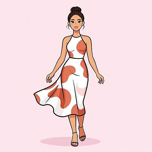 Digital illustration of a smiling woman with dark hair in a bun, wearing a white dress with red floral patterns, walking forward.
