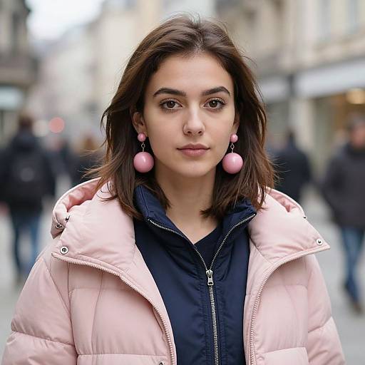 Photograph of a young woman with medium-length brown hair, wearing a pink puffer jacket and pink pom-pom earrings, standing in a blurred urban