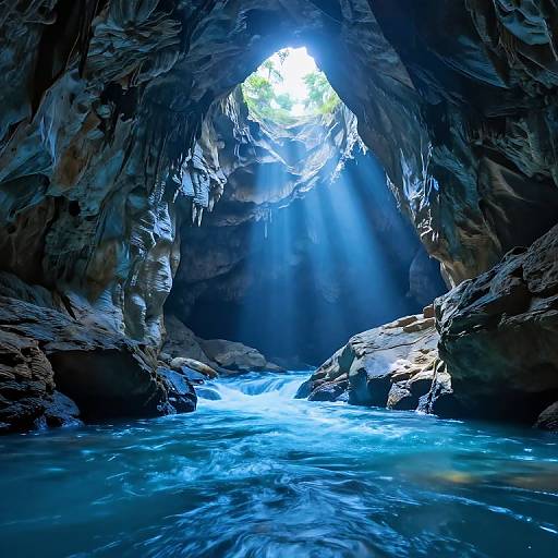 Photograph of a dark, rocky cave with blue-tinted sunlight streaming through the entrance, illuminating a rushing, turquoise waterfall.